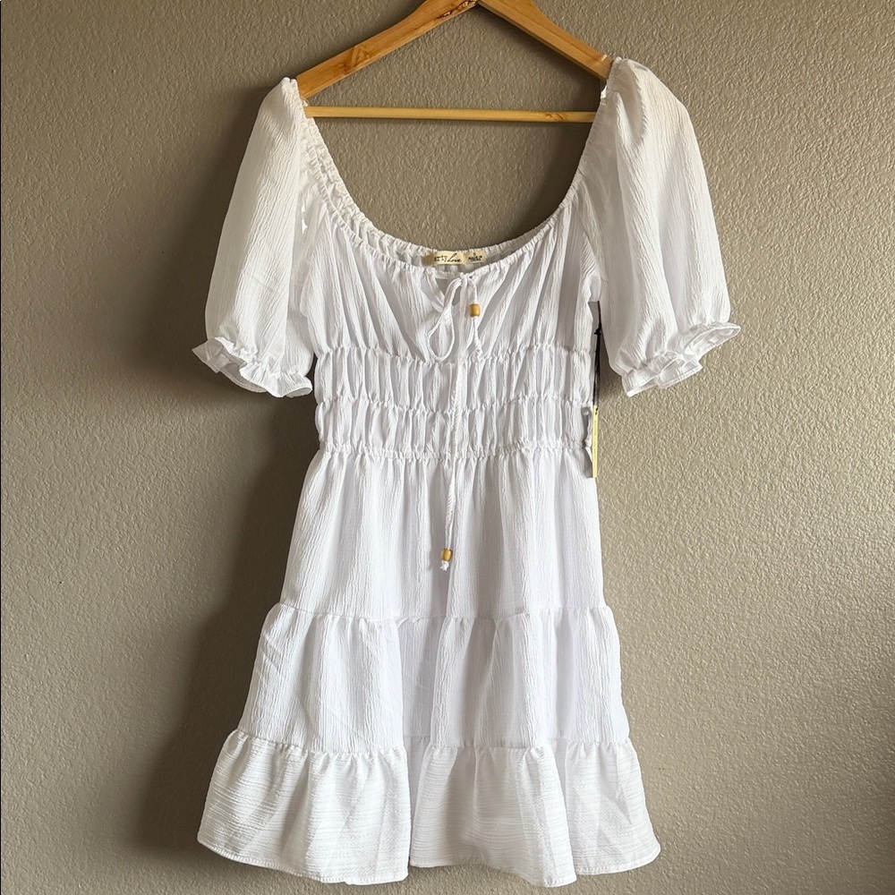 Liberty Love White Smocked Puff-Sleeve Tiered Mini Dress